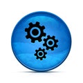 Gears icon on classy splash blue round button illustration Royalty Free Stock Photo