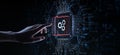 Gears Icon Representing Automation Illustrated on a Processor Touched by a Human Hand