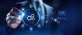 Gears icons business process automation innovation technology concept. Businessman pressing button on screen
