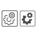 Gears line and solid icon, Robotization concept, two cog wheel sign on white background, Cogwheel and development icon