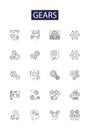 Gears line vector icons and signs. Ratchet, Wheels, Sprockets, Pulley, Axle, Shaft, Facettes, Worms outline vector