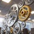 Gears made of gleaming metallic materials dominate the image Royalty Free Stock Photo