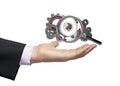 Gears magnifying glass businessman