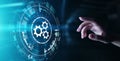 Gears mechanism on virtual screen. Automation and business process flow. Business and technology concept.