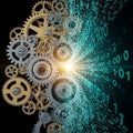 Gears in metallic shades merge with a stream of binary code (0s and Royalty Free Stock Photo