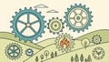 Gears in a peaceful landscape, industry and nature, vector design Generative AI Royalty Free Stock Photo