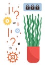 Abstract concept of problem-solving with gears, question marks, locks, and a potted plant Royalty Free Stock Photo