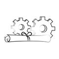 Gears support technology industry cartoon drawing in black and white