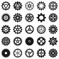 Gears. Transmission cog wheels and machine gearings, technical mecanisme, engineering motor, app button black silhouette Royalty Free Stock Photo