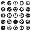 Gears. Transmission cog wheels and machine gearings, technical mecanisme, engineering motor, app button black silhouette icons,