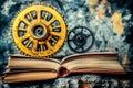 Gears turning on open book symbolize knowledge and mechanics with steampunk theme