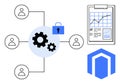 Data Security and Workflow Management Depicted with Gears, Users, Lock, Graph, and Shield Icon Royalty Free Stock Photo