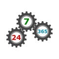 24/7/365 gears, Support icon, Open 24/7 - 365, 24/7 365, 24/7 365 sign