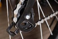 Gearshift on mountain bike MTB, chain moves on rings. Changes speeds. Shift gears on bicycle crank. Work of chain drive chainset. Royalty Free Stock Photo