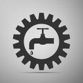 Gearwheel with tap sign as plumbing work logo flat icon on grey background