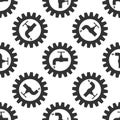 Gearwheel with tap sign as plumbing work logo icon seamless pattern on white background
