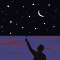 Illustration person closing the curtain of night crescent moon stars cloudy skies