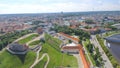 Gediminas Tower of the upper castle in Vilnius with Neris river and modern city skyline, aerial view of Lithuania Royalty Free Stock Photo