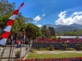 Gedong Songo Temple Plaque with a beautiful mountain background Royalty Free Stock Photo