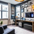 Geek Chic: A home office designed for a tech enthusiast, with sleek modern furniture, a gallery wall of vintage computer compone Royalty Free Stock Photo