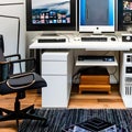 Geek Chic: A home office designed for a tech enthusiast, with sleek modern furniture, a gallery wall of vintage computer compone Royalty Free Stock Photo
