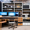 Geek Chic: A home office designed for a tech enthusiast, with sleek modern furniture, a gallery wall of vintage computer compone Royalty Free Stock Photo