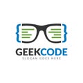 Geek code logo design template, a glasses with code symbol and text icon