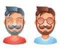 Geek Hipster Mustache Vintage Glasses Bangs Male Cute Avatar Heads Flat Design Template Vector Illustration