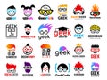 Geek logo. Business badges symbols of gamers nerd smart characters easy learning face with glasses vector collection