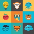 Geek, nerd, smart hipster icons - animals and symbols