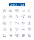 Geek nerds line icons signs set. Design collection of Geek, Nerds, Technology, Programmer, Computer, Nerd, Geeky, Coder