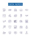 Geek nerds line icons signs set. Design collection of Geek, Nerds, Technology, Programmer, Computer, Nerd, Geeky, Coder