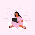 Geek with notebook, teen girl programming or learning web language. Young woman coding, study or development. Vector