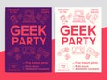 Geek party poster with electronic gadgets from 90s on trendy