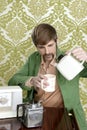 Geek retro man drinking tea coffee vintage teapot