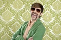 Geek retro salesperson man funny mustache Royalty Free Stock Photo