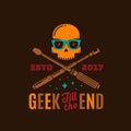 Geek Till The End Abstract Vector Emblem, Sign or Logo Template. Funny Skull Face in Glasses with Crossed Monopod and