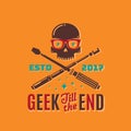 Geek Till The End Abstract Vector Emblem, Sign or Logo Template. Funny Skull Face in Glasses with Crossed Monopod and
