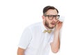 Geeky businessman eavesdropping with cup Royalty Free Stock Photo