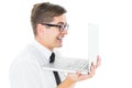 Geeky businessman holding his laptop Royalty Free Stock Photo