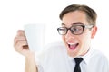 Geeky businessman holding a mug