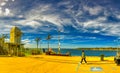 Geelong, Australia - September 8, 2018: Cunningham Pier and car parking on a beautiful sunny day, panoramic view
