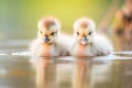 geese chicks in fluffy plumage paddling after parents Royalty Free Stock Photo