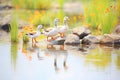 geese family crossing a serene pond