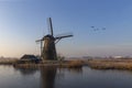 Geese flying over sunrise on the frozen windmills alignment Royalty Free Stock Photo