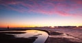 Geese swim under pink sunrise Royalty Free Stock Photo