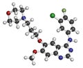 Gefinitib cancer drug molecule. Inhibitor of the epidermal growth factor receptor (EGFR). Atoms are represented as spheres with