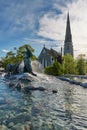 The Gefion Fountain Danish: Gefionspringvandet on the harbor front. It features oxen being driven by the Norse goddess Gefjon.