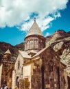 Geghardavank or Geghard monastic complex is Orthodox Christian monastery located in Kotayk Province, Armenia. Armenian architectur Royalty Free Stock Photo