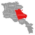 Gegharkunik red highlighted in map of Armenia Royalty Free Stock Photo